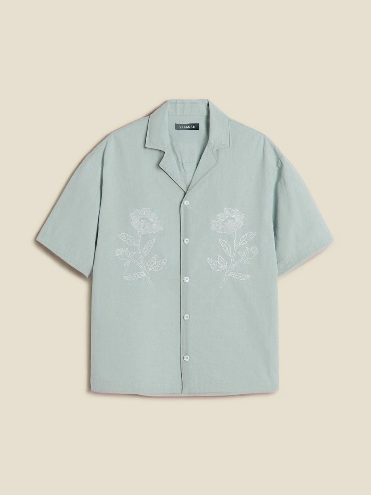 Botanic Bloom Box-Fit Embroidered Linen Shirt in Baby Blue