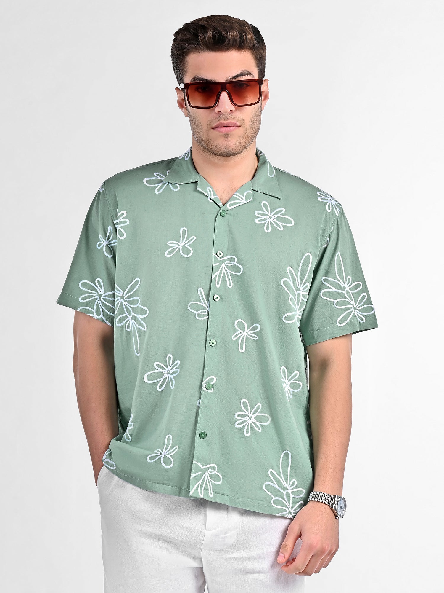Box-Fit Floral Bloom Linen Shirt in Lust Sage