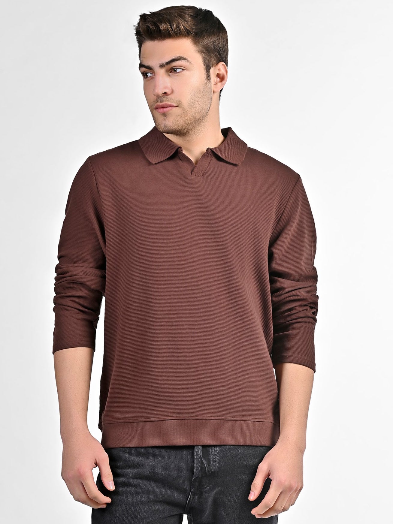 Ottoman Rib Knit Polo in Deep Brown