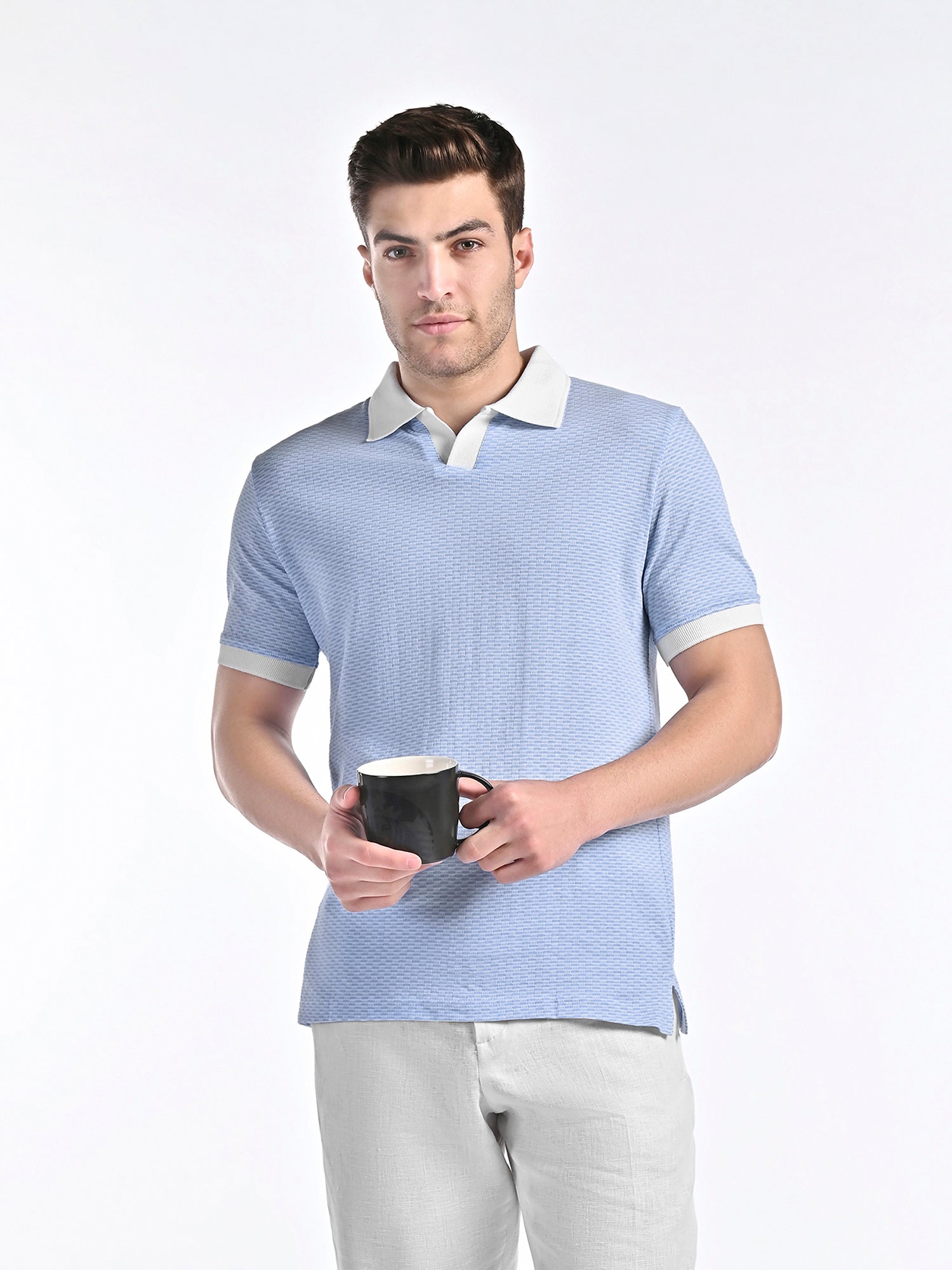 Mercerised Jacquard Polo in Mykonos Blue
