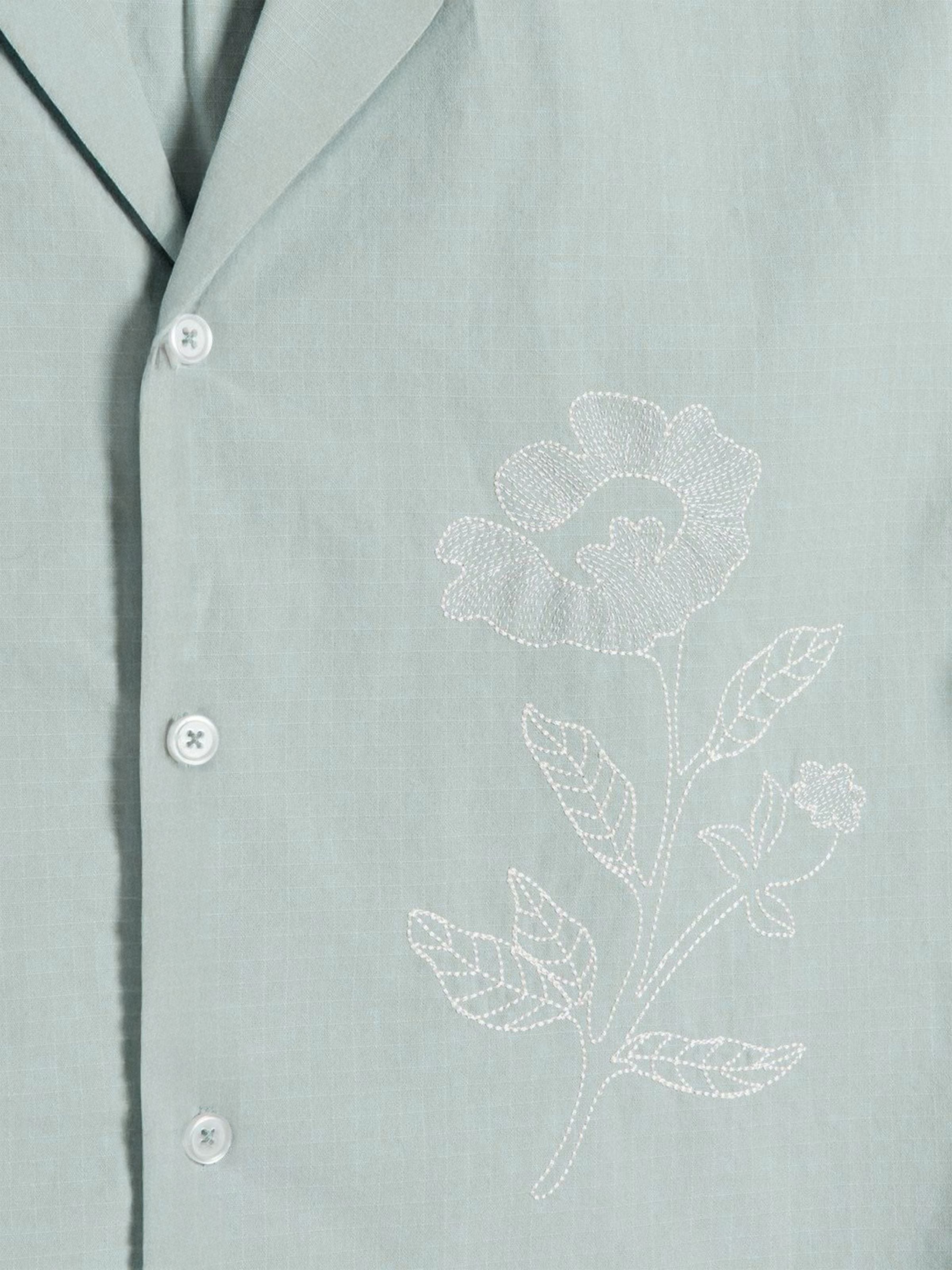 Botanic Bloom Box-Fit Embroidered Linen Shirt in Baby Blue