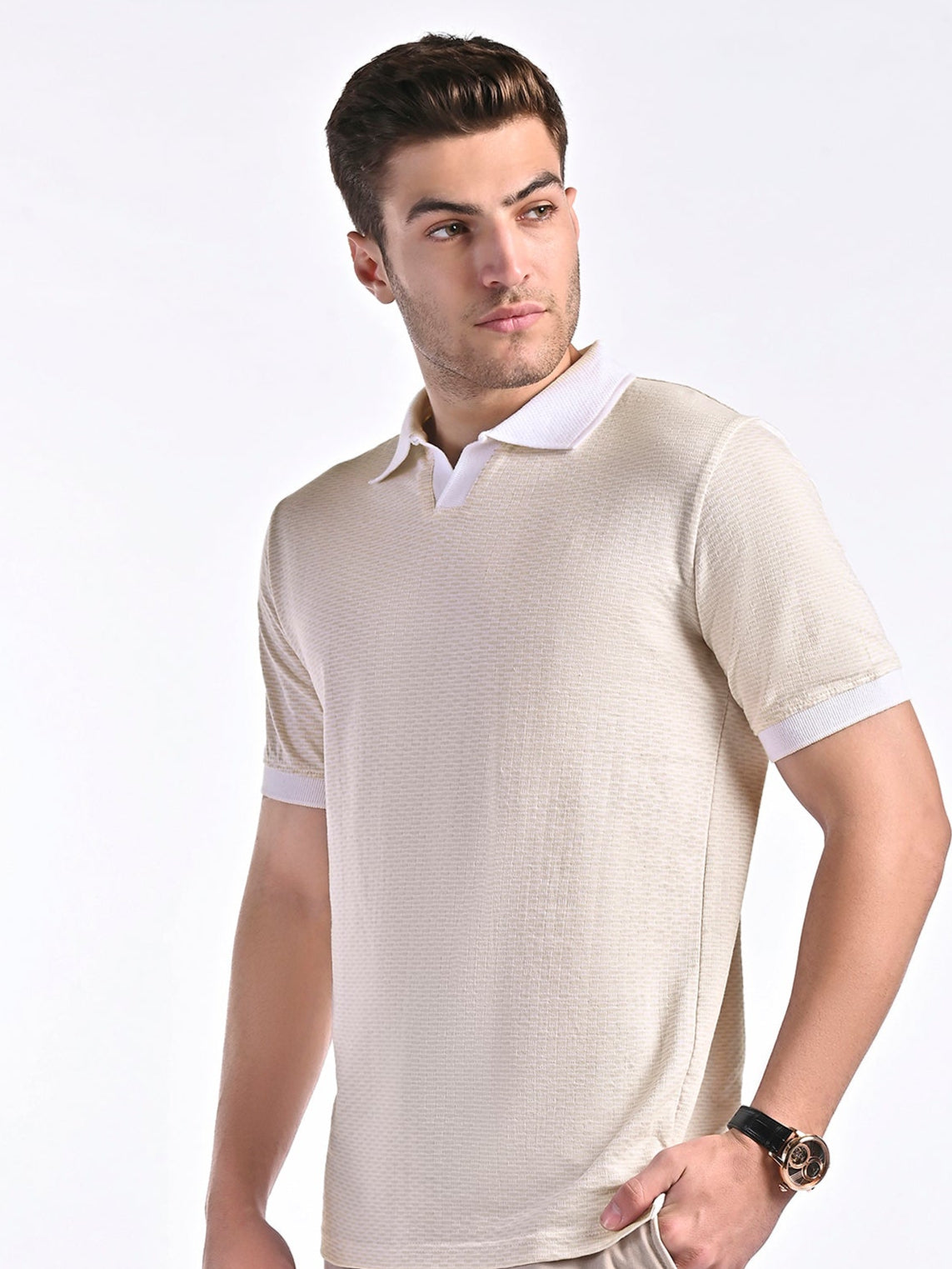 Mercerised Jacquard Polo in Biscotti Beige