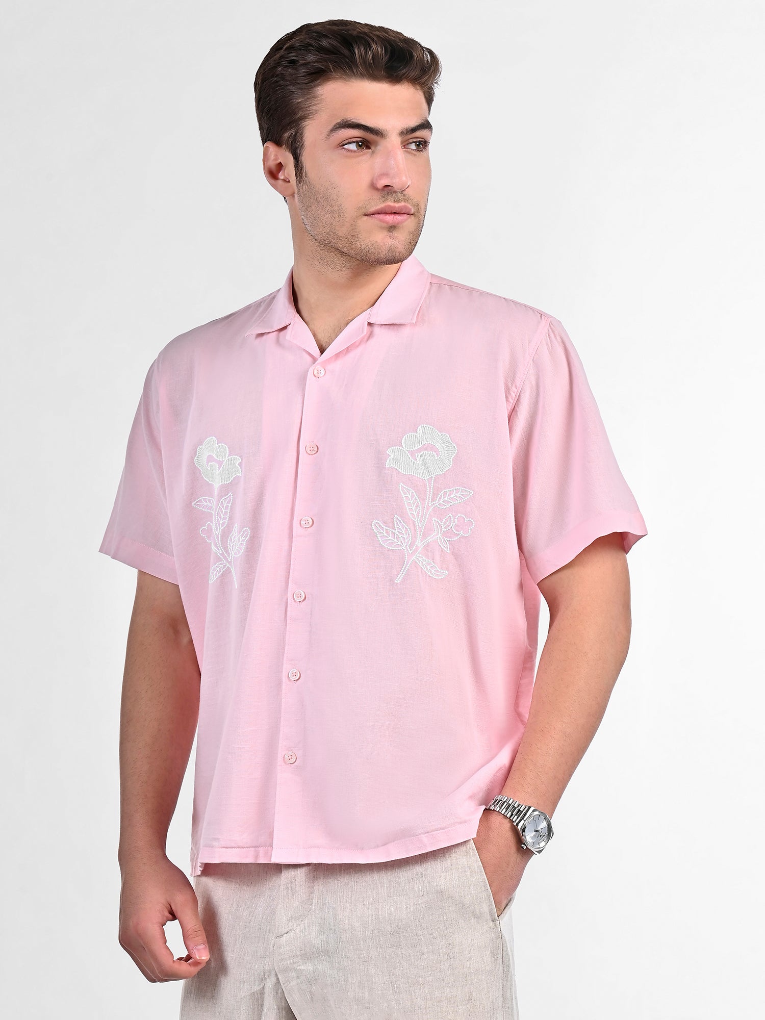 Botanic Bloom Box-Fit Embroidered Linen Shirt in Pearl Pink