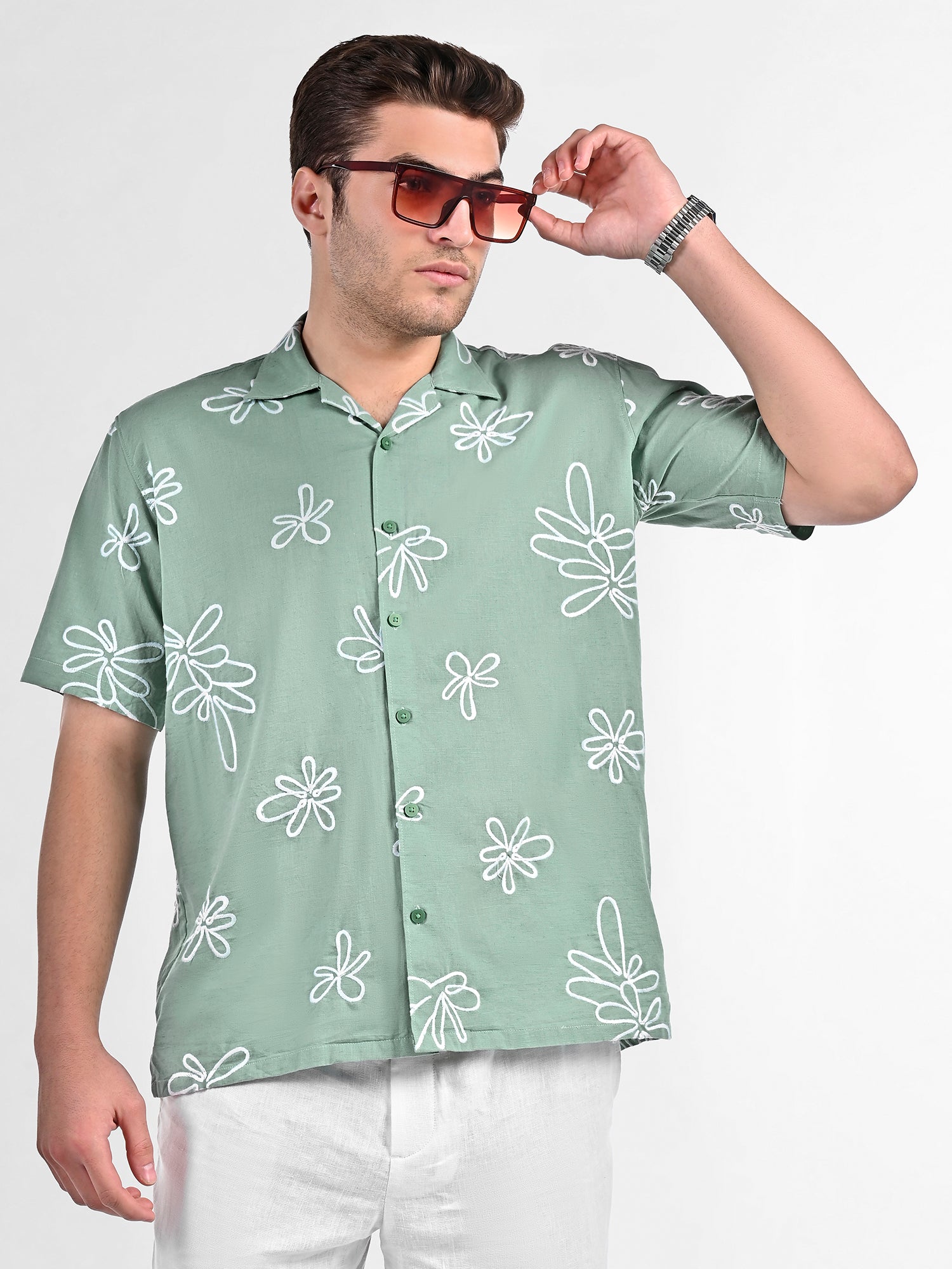 Box-Fit Floral Bloom Linen Shirt in Lust Sage