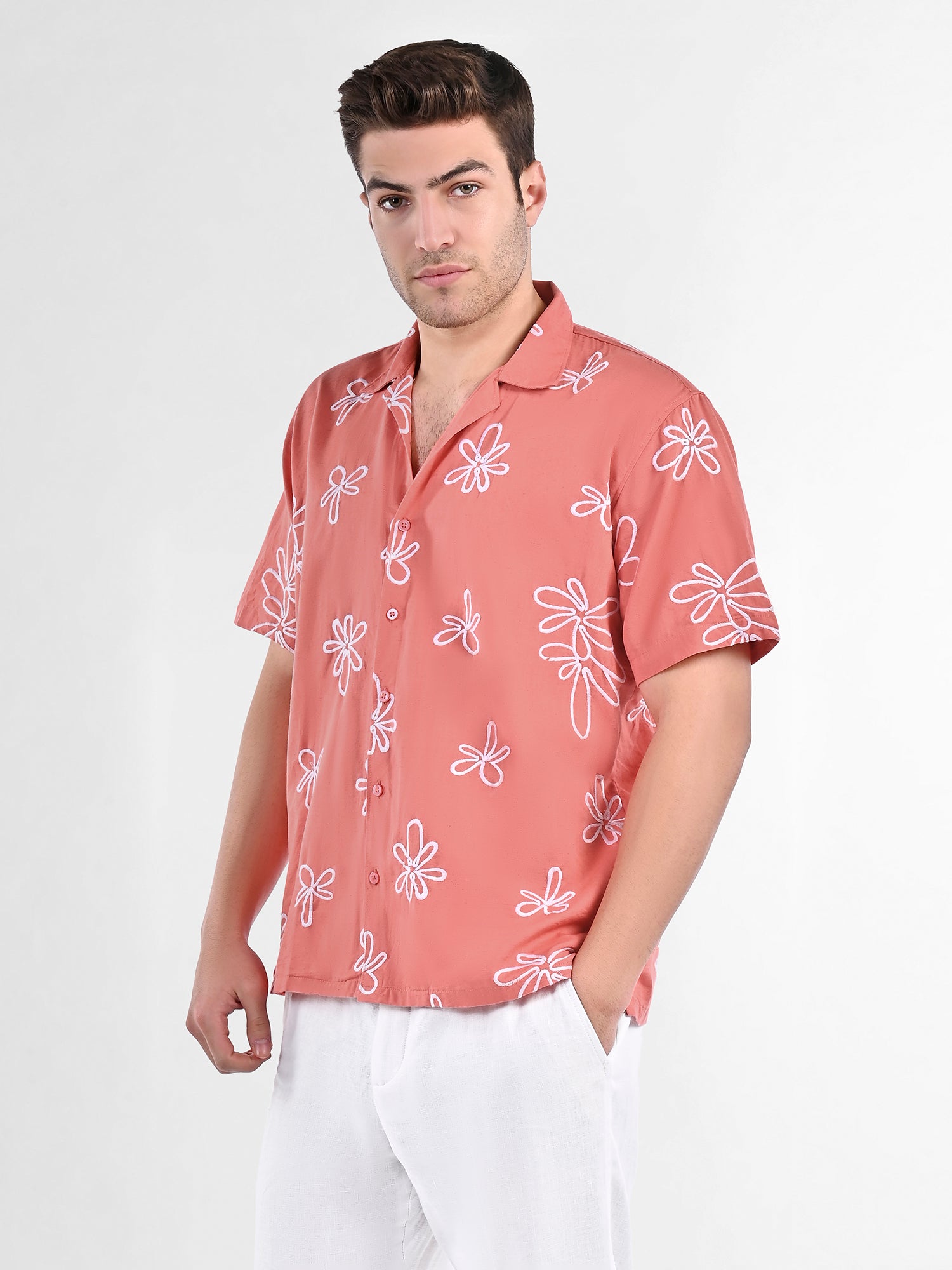 Box-Fit Floral Bloom Linen Shirt in Coral