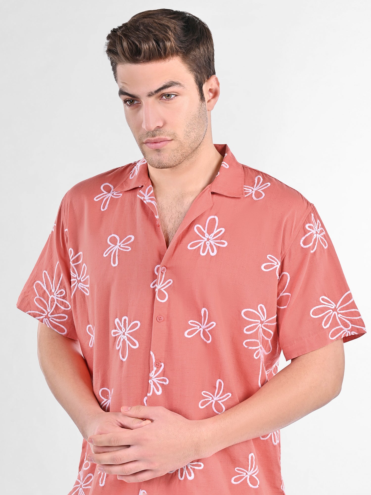 Box-Fit Floral Bloom Linen Shirt in Coral