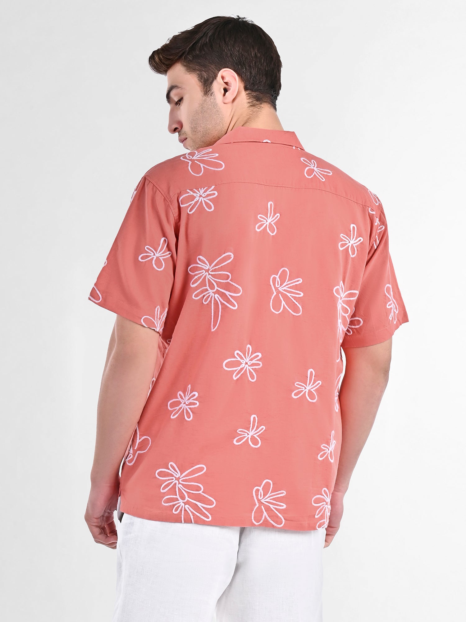 Box-Fit Floral Bloom Linen Shirt in Coral