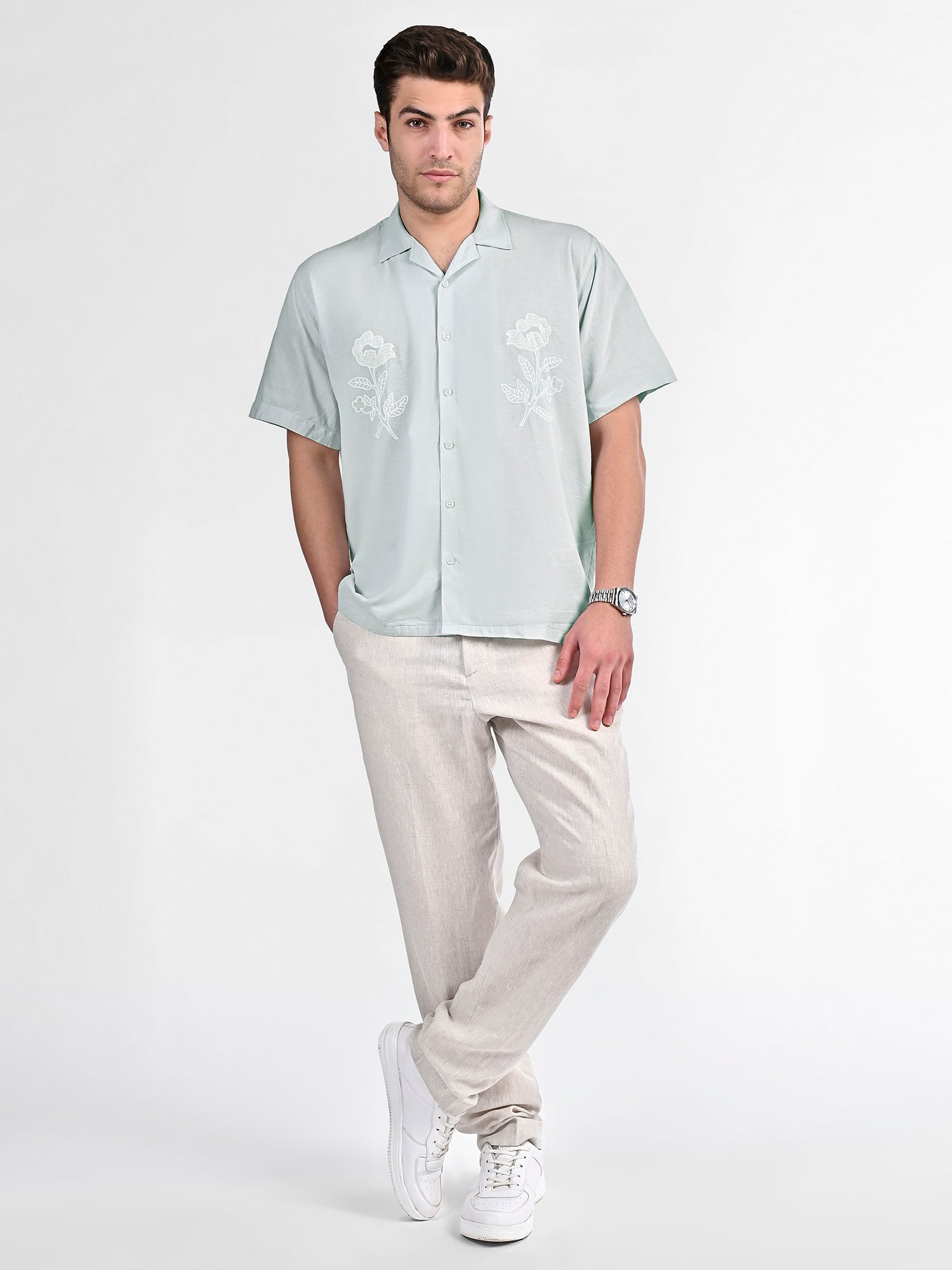 Botanic Bloom Box-Fit Embroidered Linen Shirt in Baby Blue