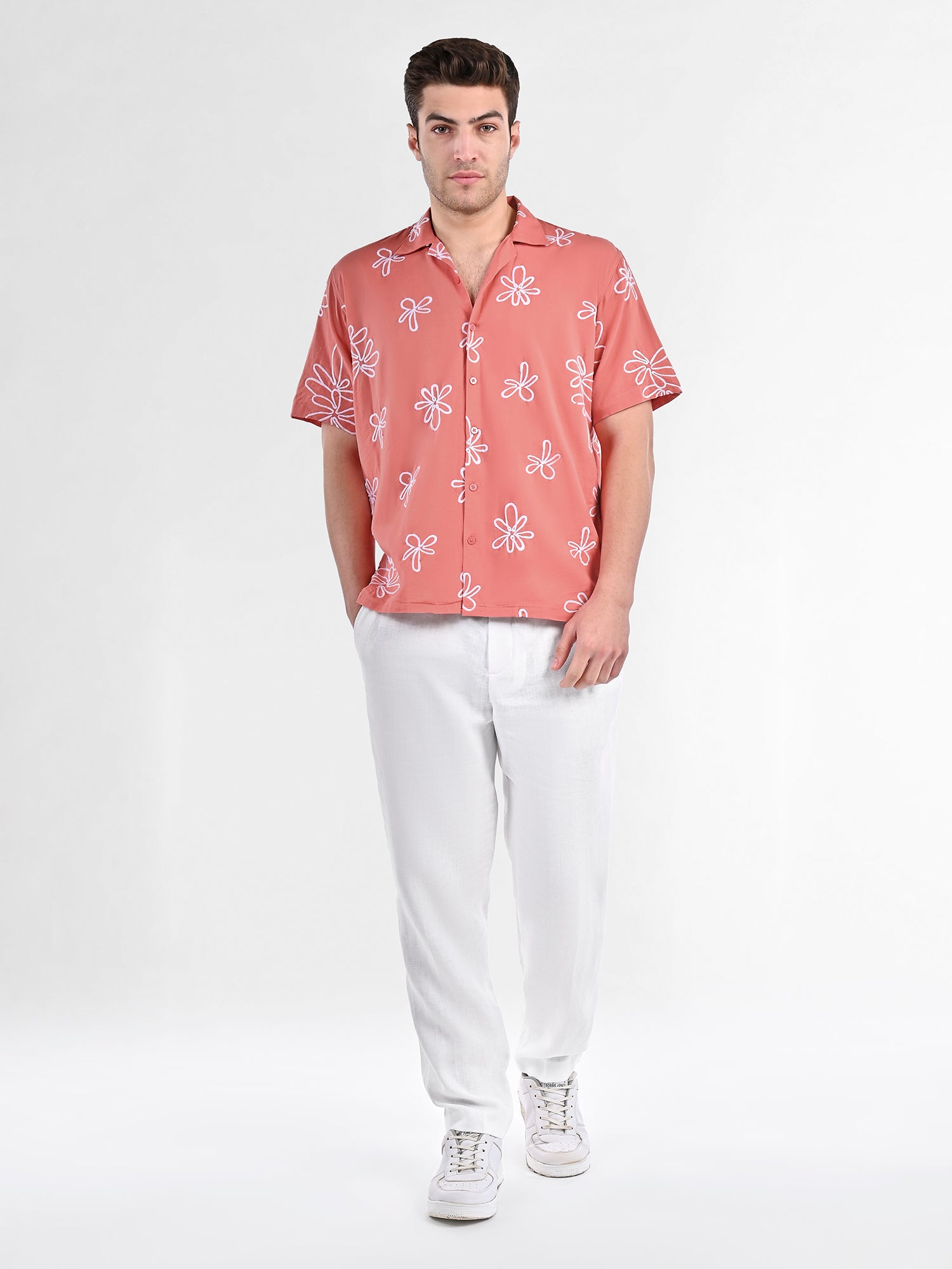 Box-Fit Floral Bloom Linen Shirt in Coral