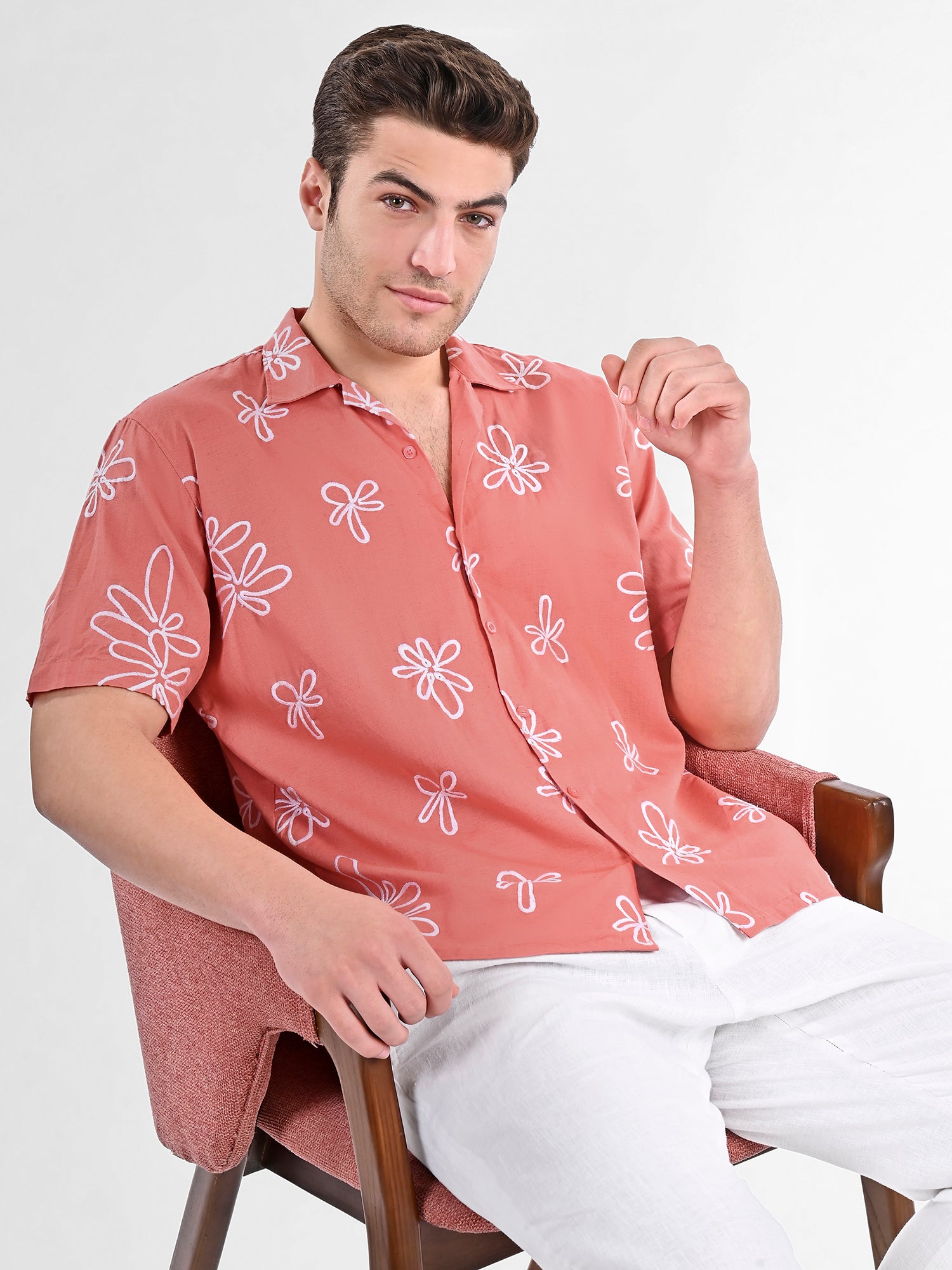 Box-Fit Floral Bloom Linen Shirt in Coral