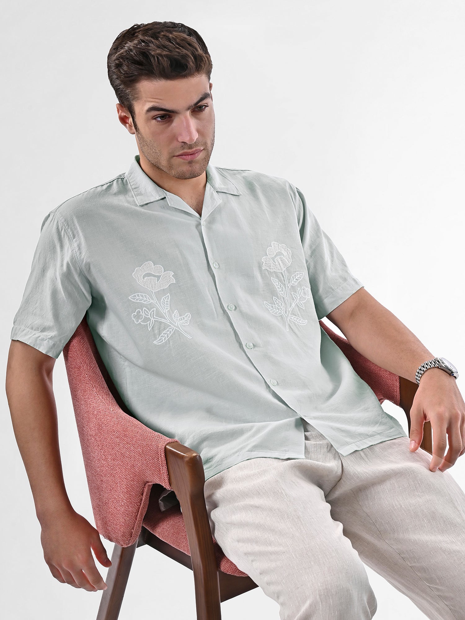 Botanic Bloom Box-Fit Embroidered Linen Shirt in Baby Blue