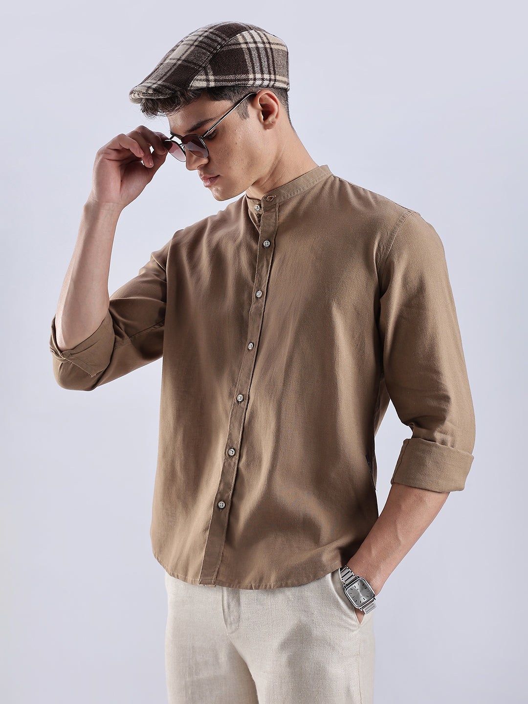 Kyoto Linen Mandarin Shirt in Mocha Dust