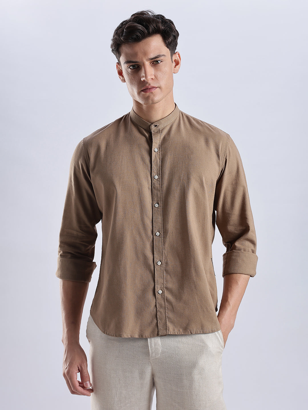 Kyoto Linen Mandarin Shirt in Mocha Dust