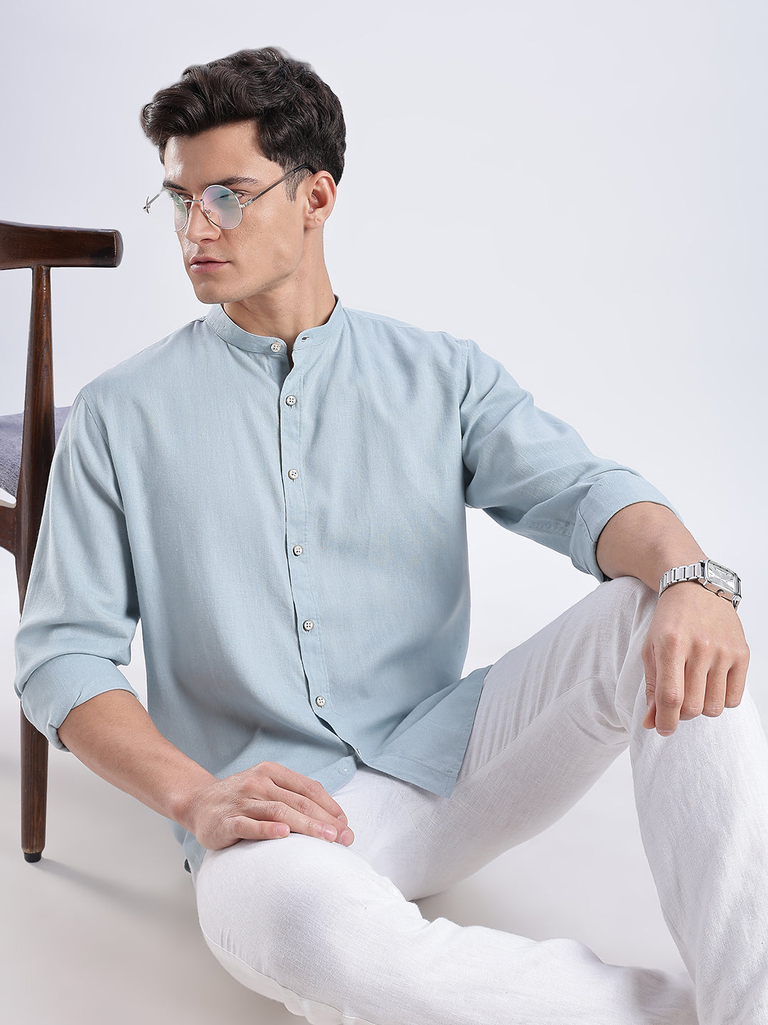 Kyoto Linen Mandarin Shirt in Shibuya Blue