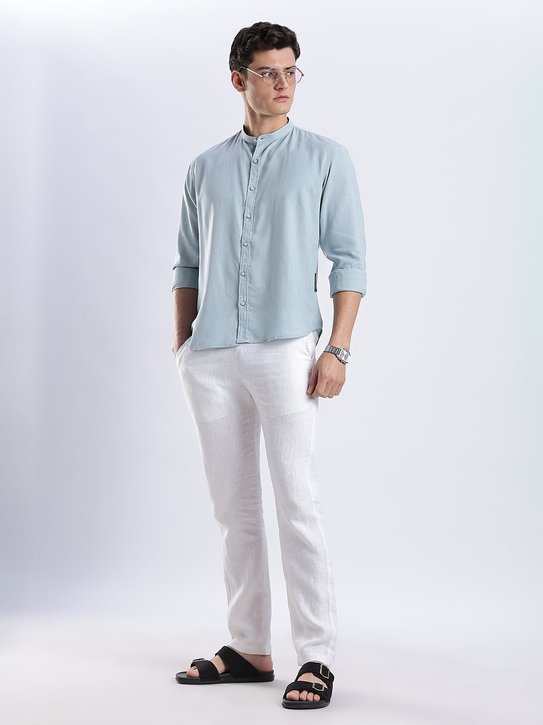 Kyoto Linen Mandarin Shirt in Shibuya Blue