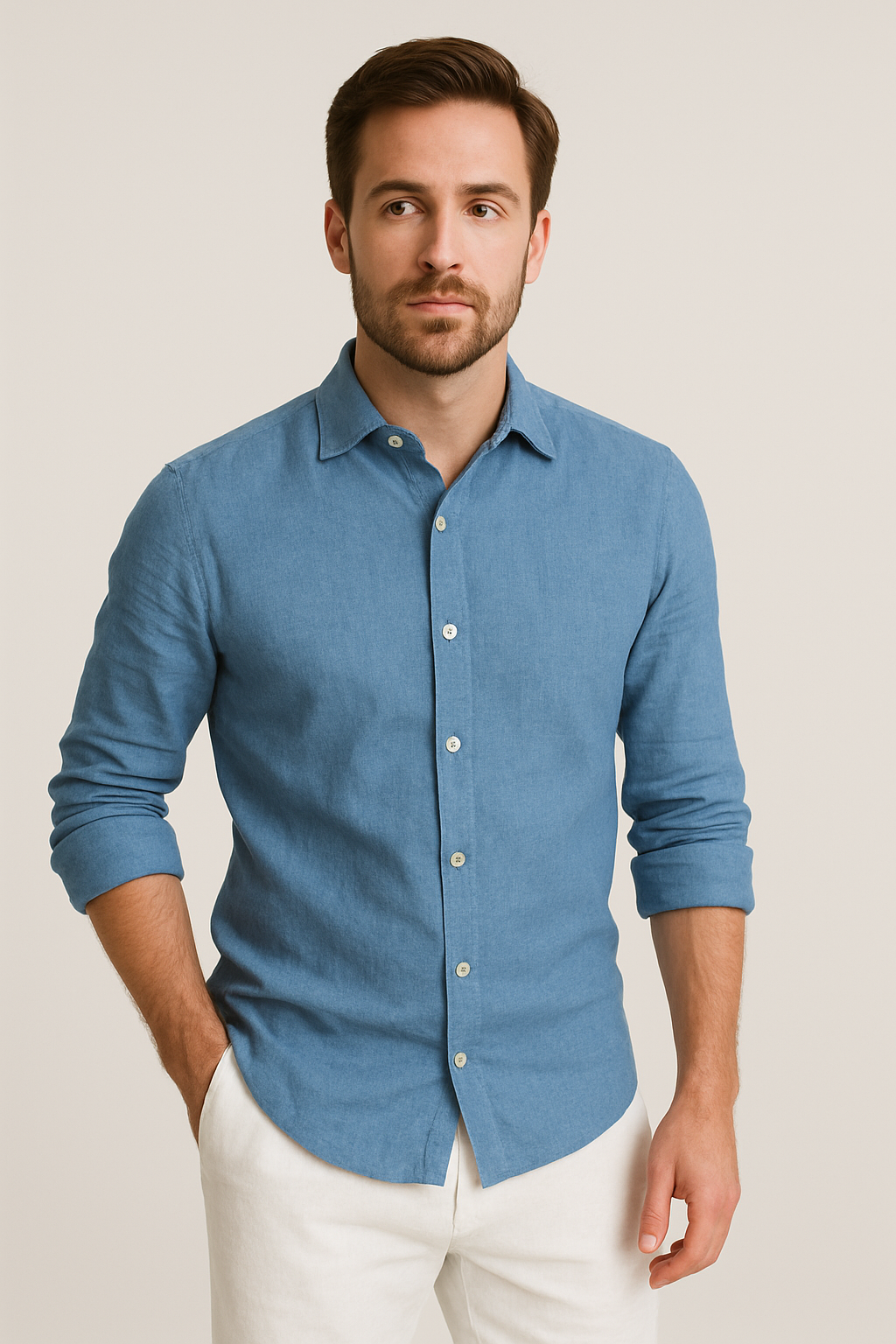 100% Linen Soft Touch Azure Blue Shirt