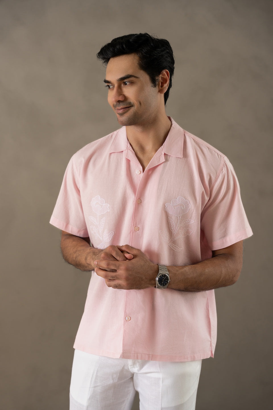 Botanic Bloom Box-Fit Embroidered Linen Shirt in Pearl Pink
